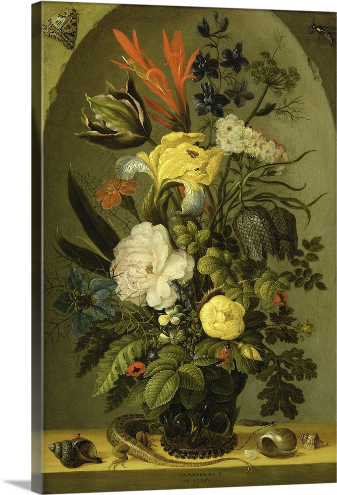 Still life of flowers, c. 1705, oil on panel.  By Johann Adalbert Angermeyer (1674-1740).