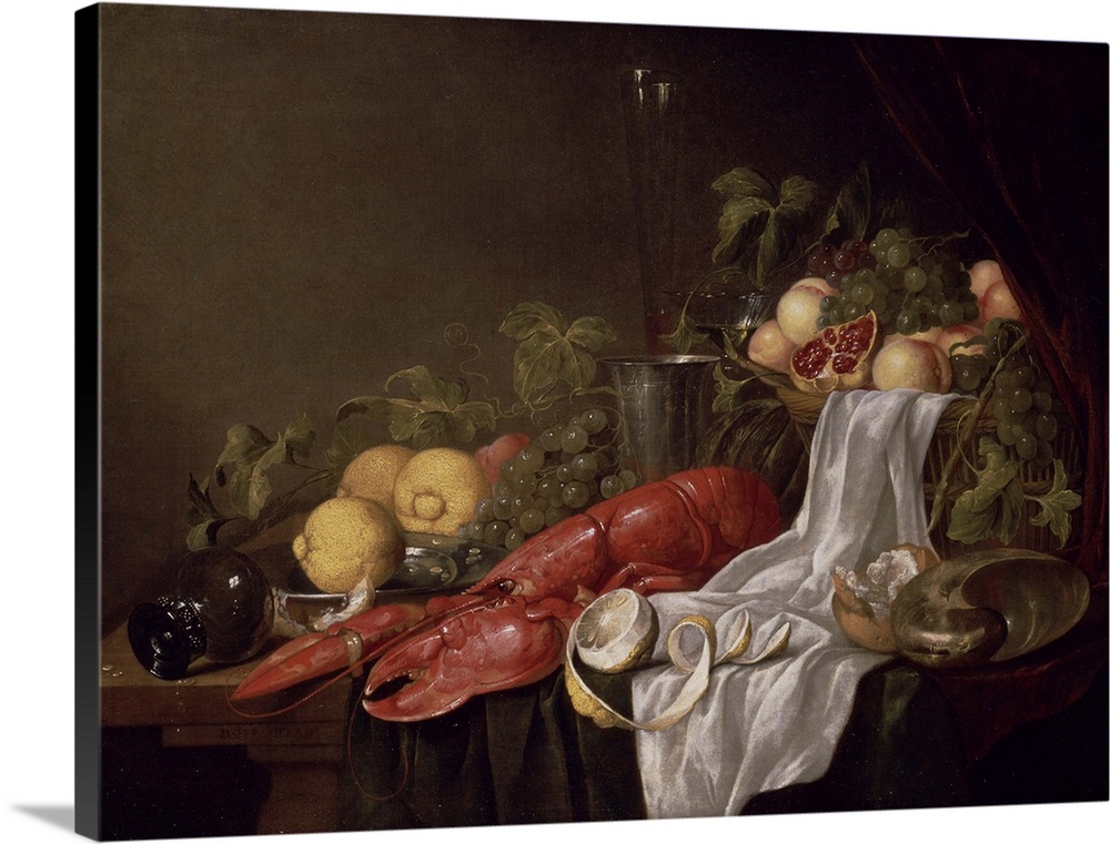 BAL31902 Still life of fruit and a lobster on a cloth-draped table oil on canvas  by Geerards, Jasper 17th century Johnny ...