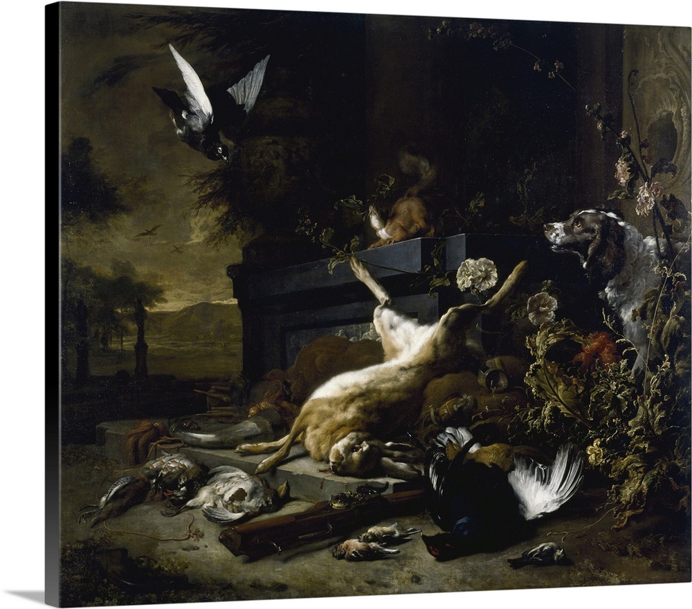 Still Life Of Game Including A Hare, Black Grouse And Partridge, A Spaniel Looking On With A Pigeon In Flight, 1680 (Origi...