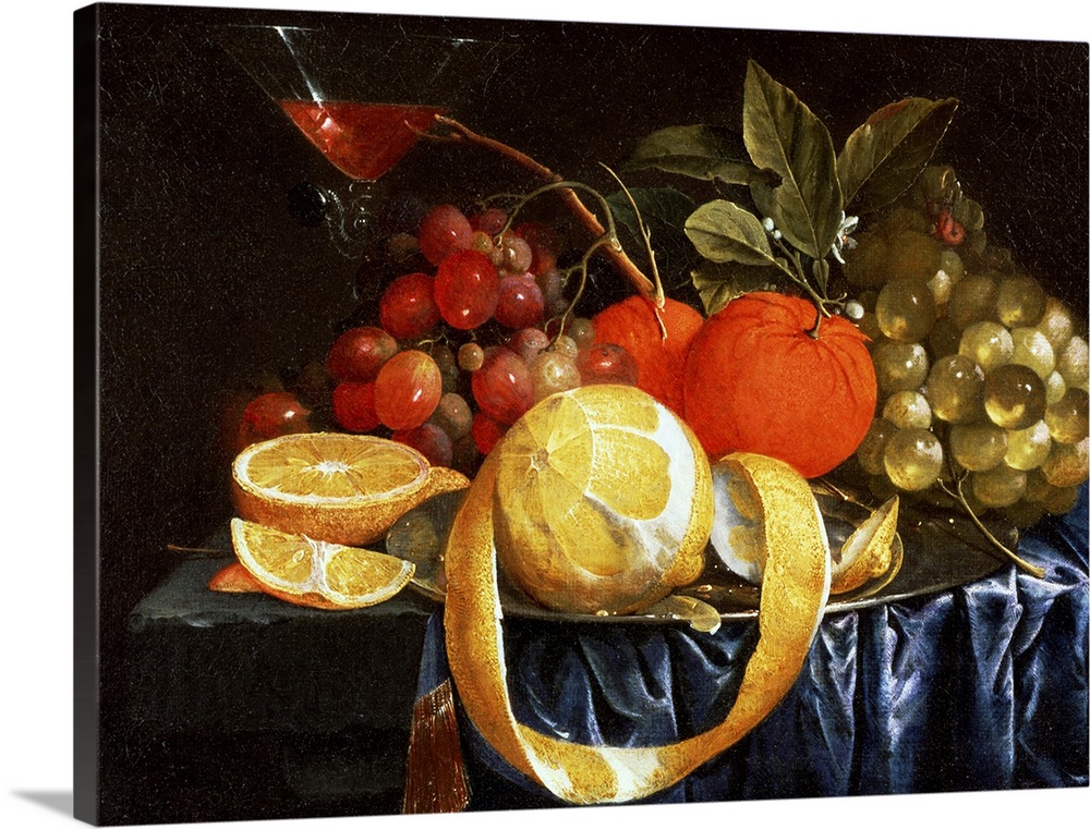 Classic artwork of different types of fruit sitting in a pile on a table with a martini glass placed next to it.