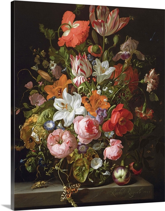 Still life of roses, lilies, tulips and other flowers in a glass vase ...
