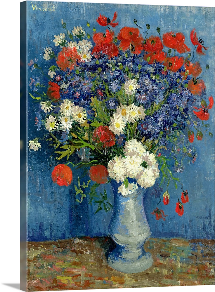 Classic painting of a vessel containing a bouquet of fresh, bright flowers on a table against a wall.