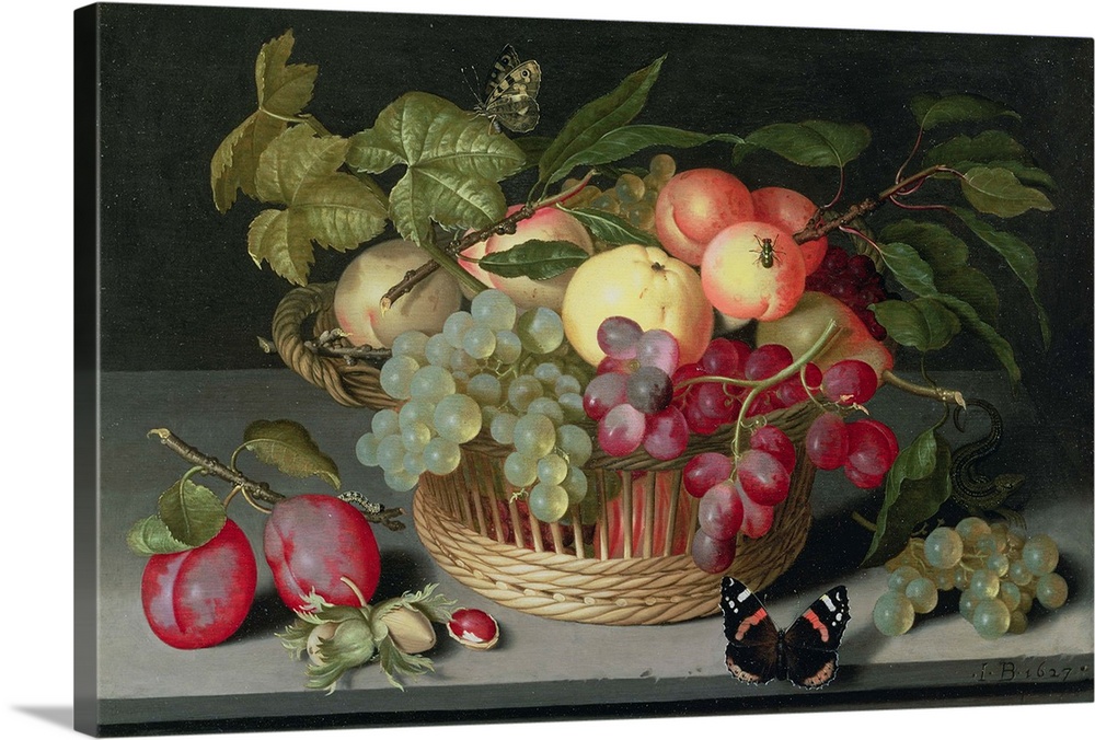 Still life with a basket of fruit, 1627, oil on panel.  By Johannes Bosschaert (c.1610-c.28).