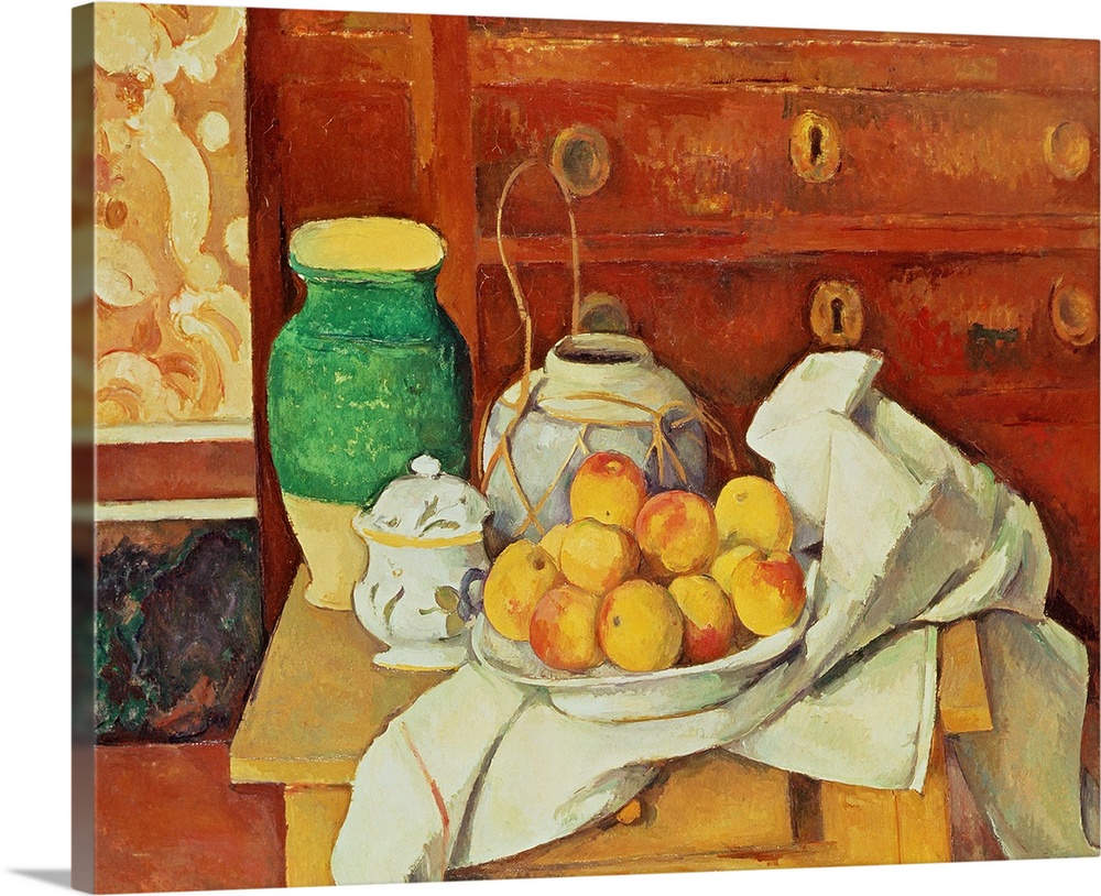 Painting of fruit in a bowl and vases on a table with a painted canvas and dresser in the background.