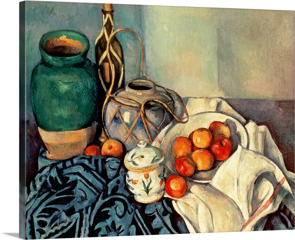 This is classic art of ceramic vases, draped fabrics, and a bowl of fruit in this late 19th century French painting.