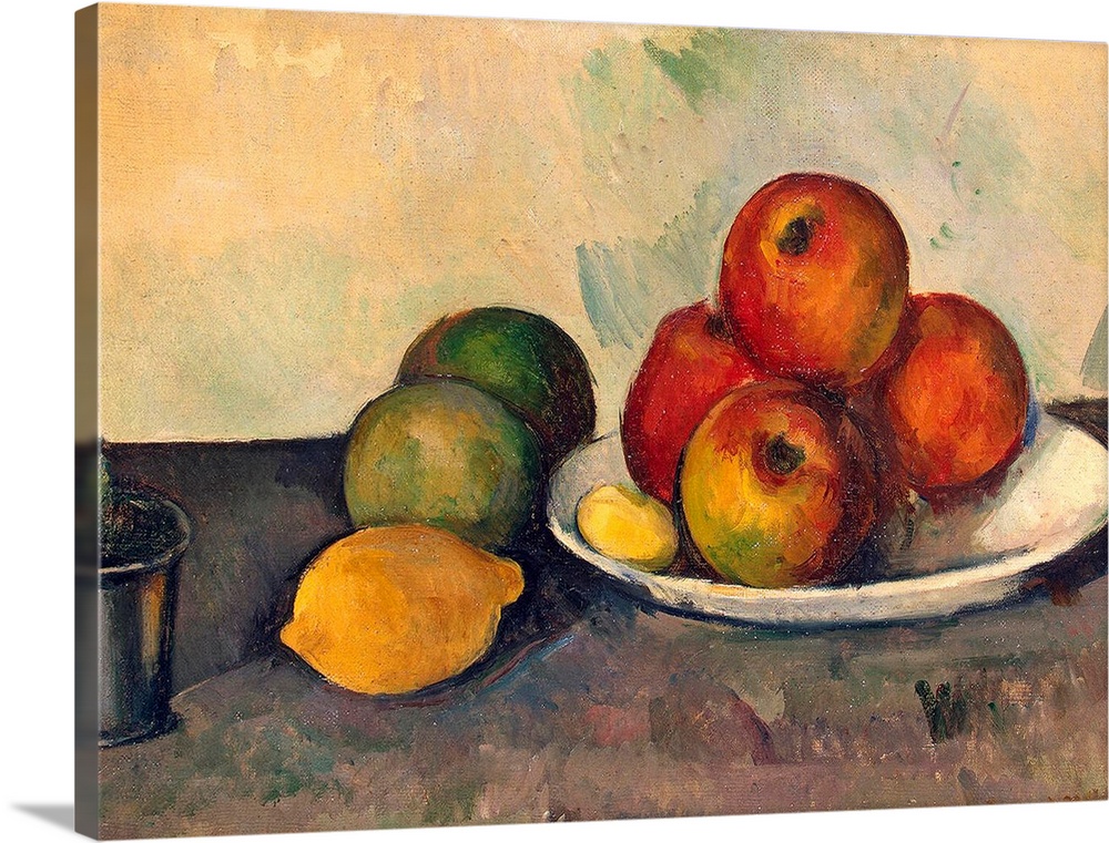 Large classic art focuses on an arrangement of fruit sitting on a plate, as well as directly in contact with a table stand...