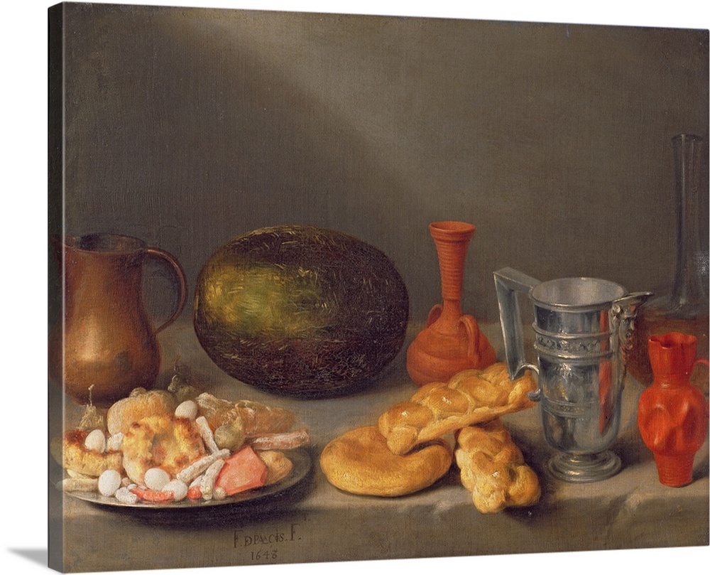 XAM66727 Still life with bread, 1648  by Palacios, Francisco (1640-76); oil on canvas; 60x80 cm; Private Collection; Spani...