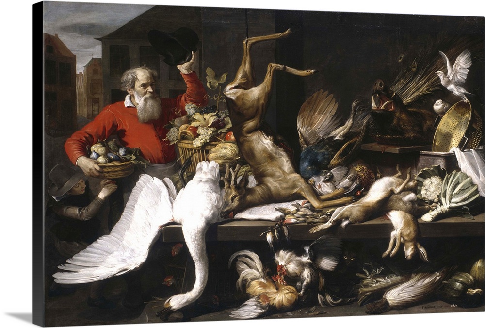 Still life with dead game, fruits, and vegetables in a market, 1614, oil on canvas.