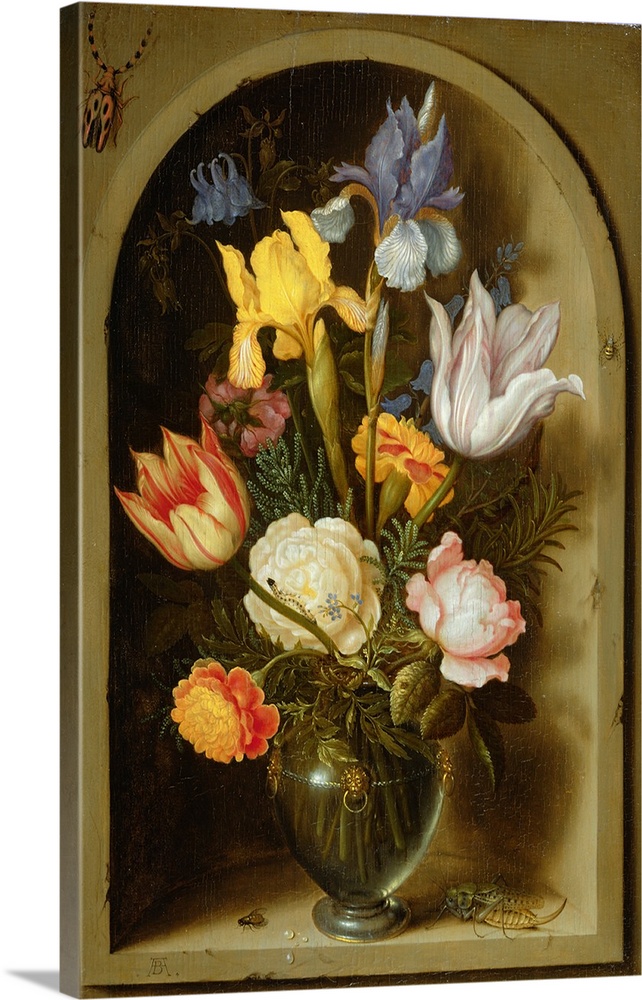 Still Life with Flowers and Insects, oil on panel.  By Ambrosius Bosschaert (1573-1621).