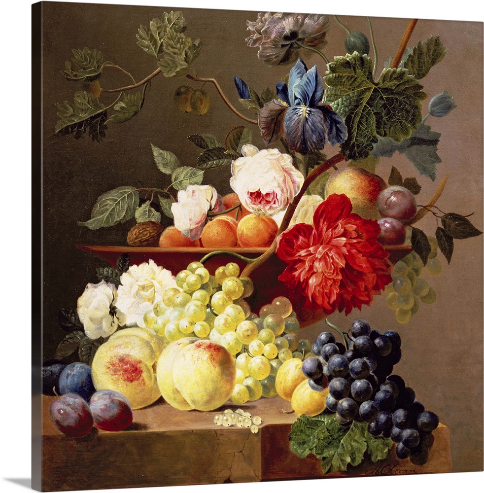 BAL82755 Still life with fruit and flowers  by Obermann, Anthony (1781-1845); oil on canvas; 53.3x48.3 cm; Private Collect...