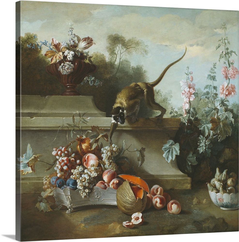 Still Life with Monkey, Fruits, and Flowers, 1724, oil on canvas.