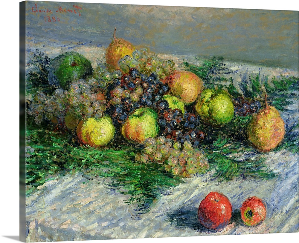 This is an Impressionist painting of fruits on a table in this decorative wall art for the home, office, or kitchen.