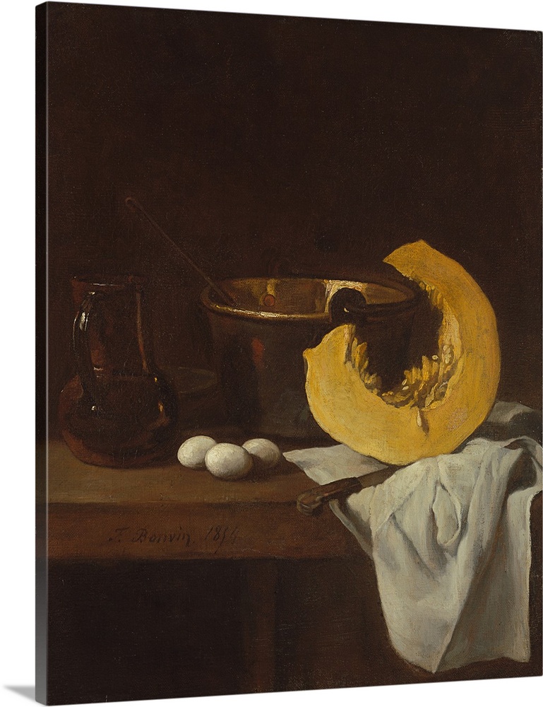 Still life with pumpkin and eggs, 1854, oil on canvas.  By Francois Bonvin (1817-87).