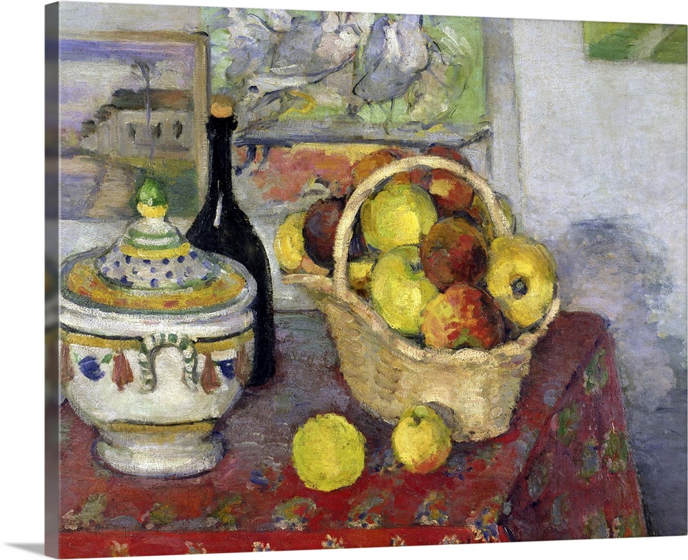 Oil painting on canvas of a basket of apples on a table with a wine bottle and a vase.