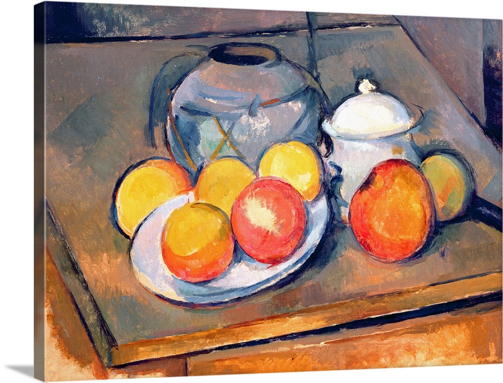 Perfect artwork for the kitchen of different types of dishes covered in apples and oranges.