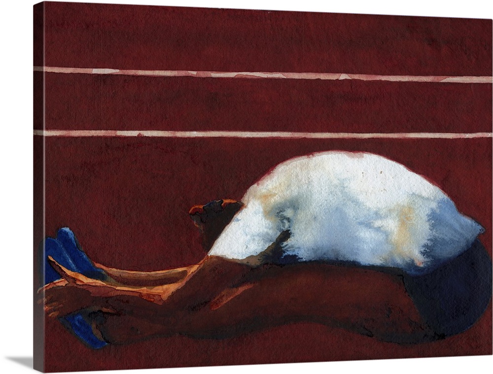 Contemporary figurative art of an athlete stretching on the ground.