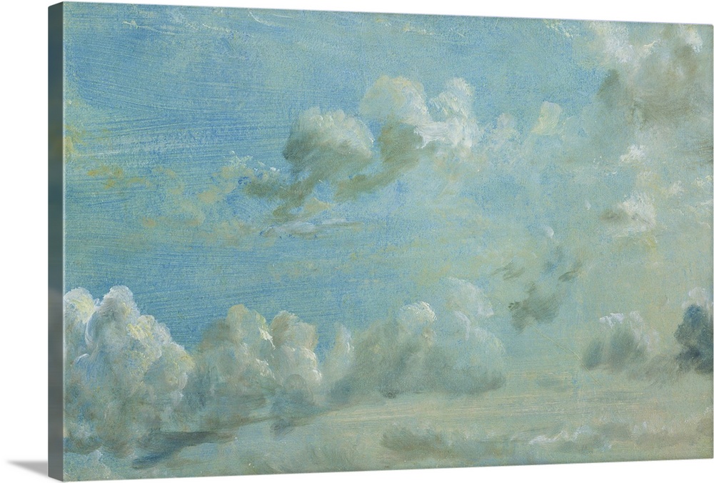Horizontal painting on a large wall hanging of a light blue sky full of small fluffy clouds, the image has the textured br...