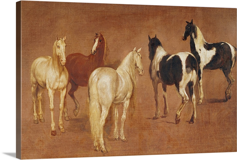 An oil painting of five horses in various positions and coloring.