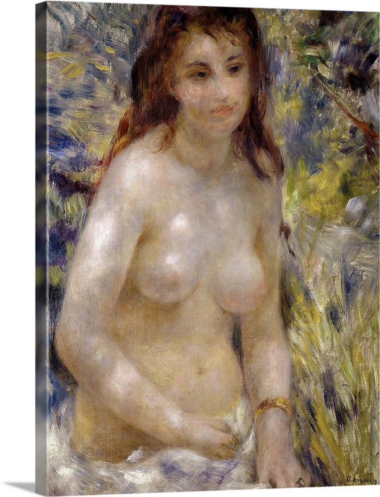 Portrait classic figurative painting of a nude woman from the waist up, as she sits upright, her lower body covered with a...