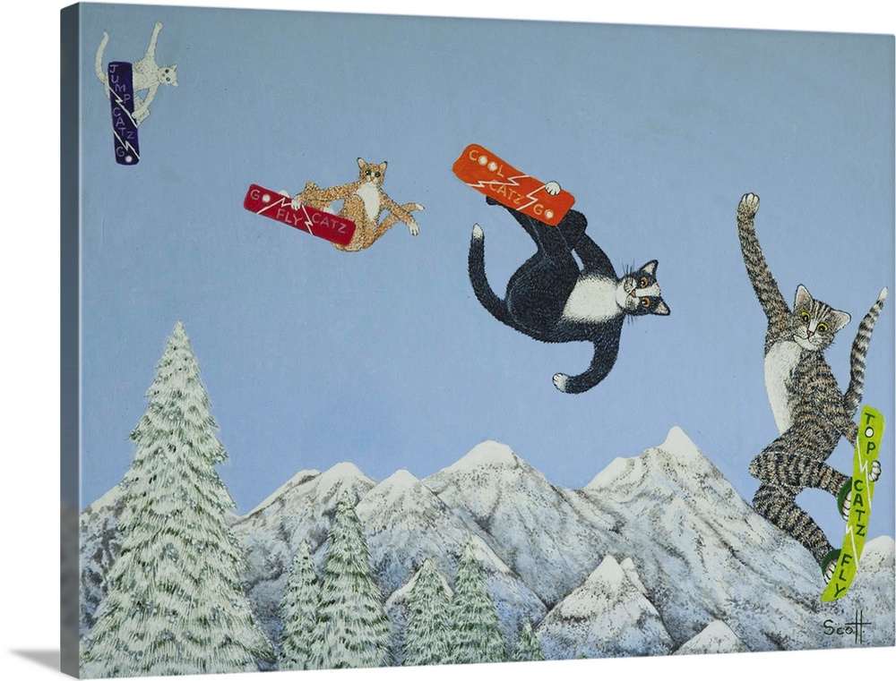 Contemporary whimsical artwork of cats snowboarding.