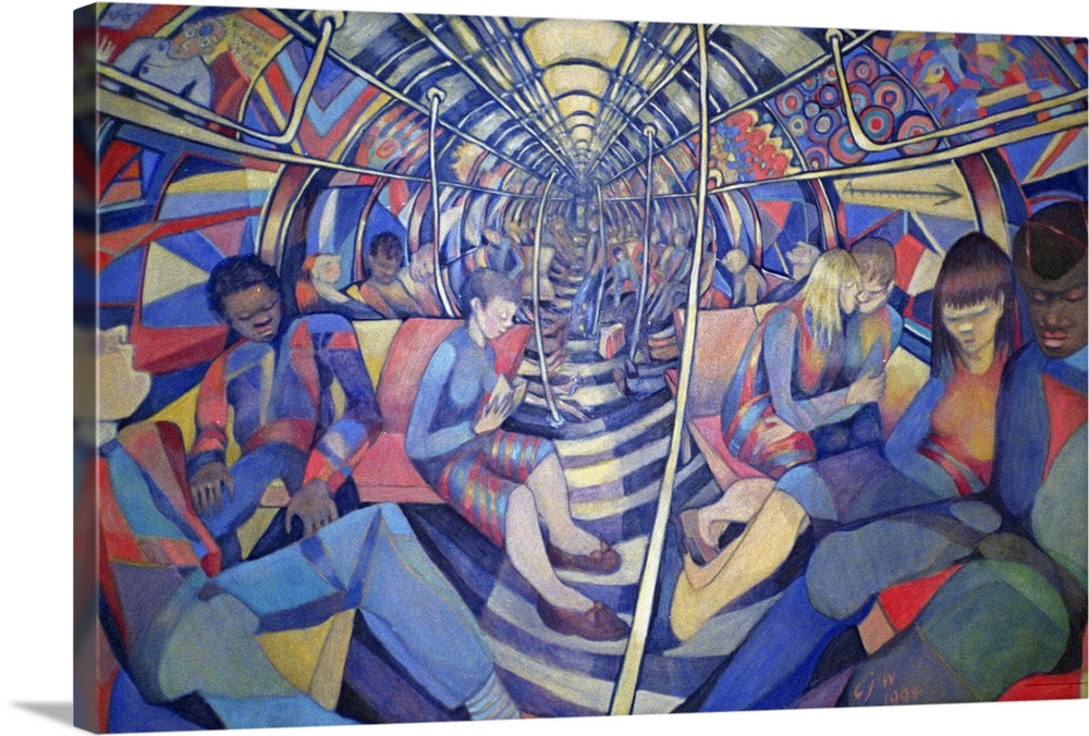 Contemporary abstract painting of underground train, metro, with commuters that are sleeping, resting, and kissing.