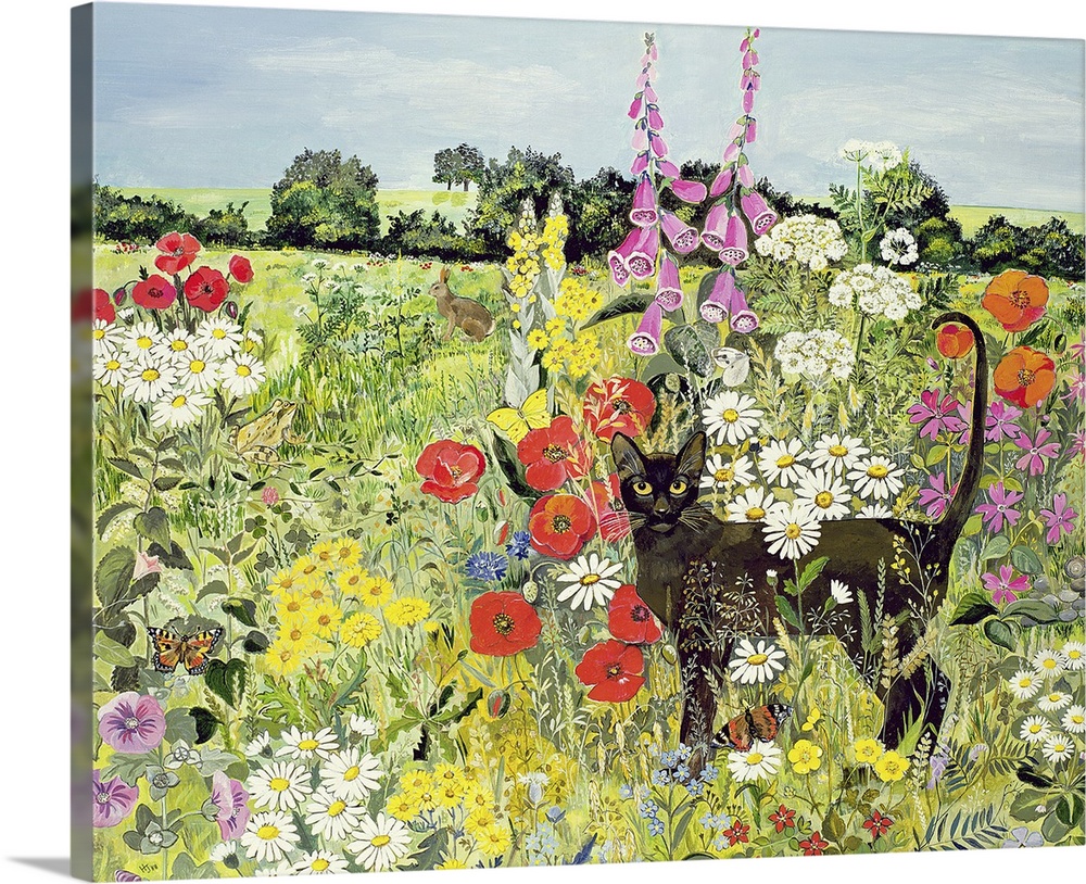 This large drawing shows a black cat standing in a large field that is covered with several types of flowers.