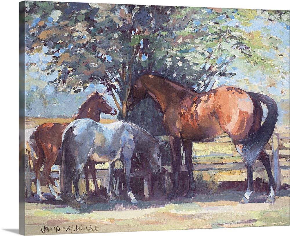 Contemporary painting of a horse and ponies in the shade in summer.