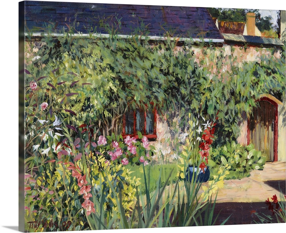 Horizontal painting on a big wall hanging of a lush garden full of numerous flowers and foliage, masking the stone house t...