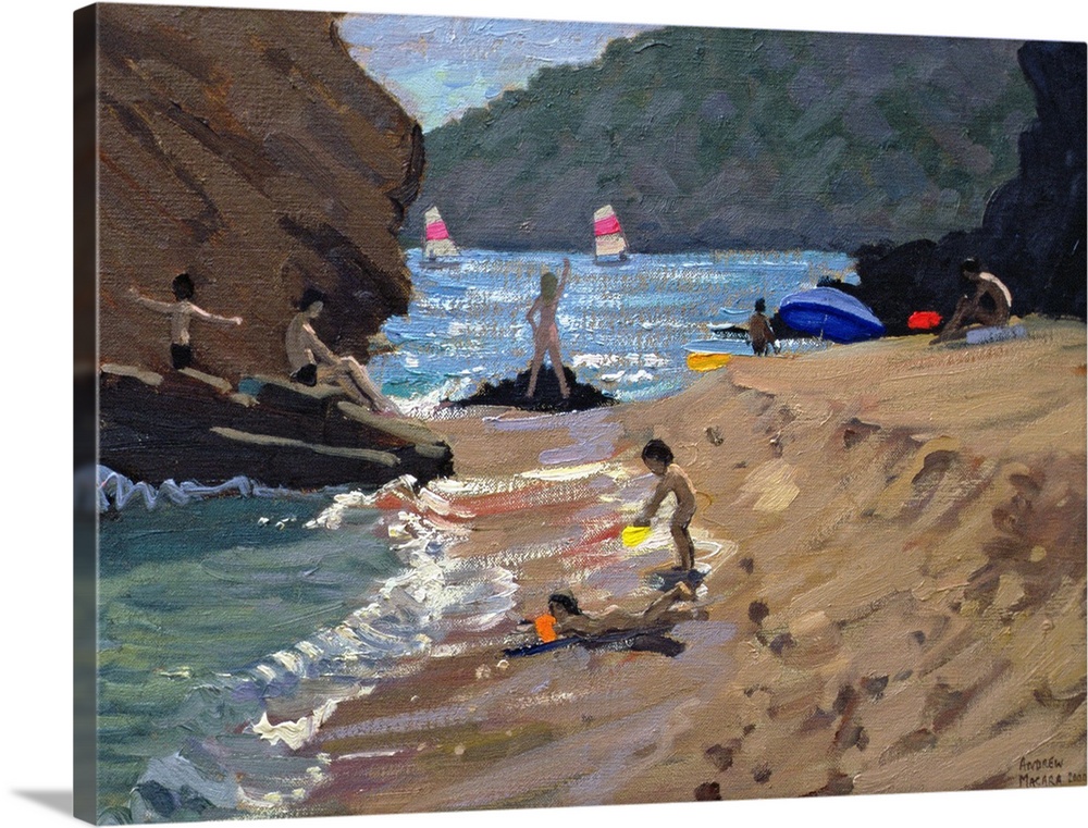 Contemporary oil painting on canvas of people playing on a Spanish beach with sailboats in the water in the distance.