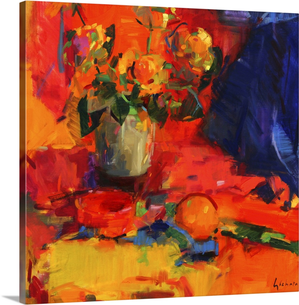 Oil painting on canvas of flowers in a vase on a table with fruit on it.