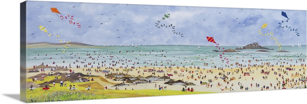 Contemporary painting of a crowd of beachgoers by the ocean with kites in the air.