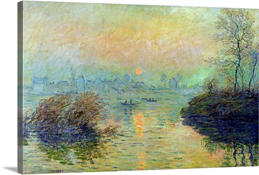 Landscape painting from an Impressionist masterof boats paddling in a river as the sun sets.