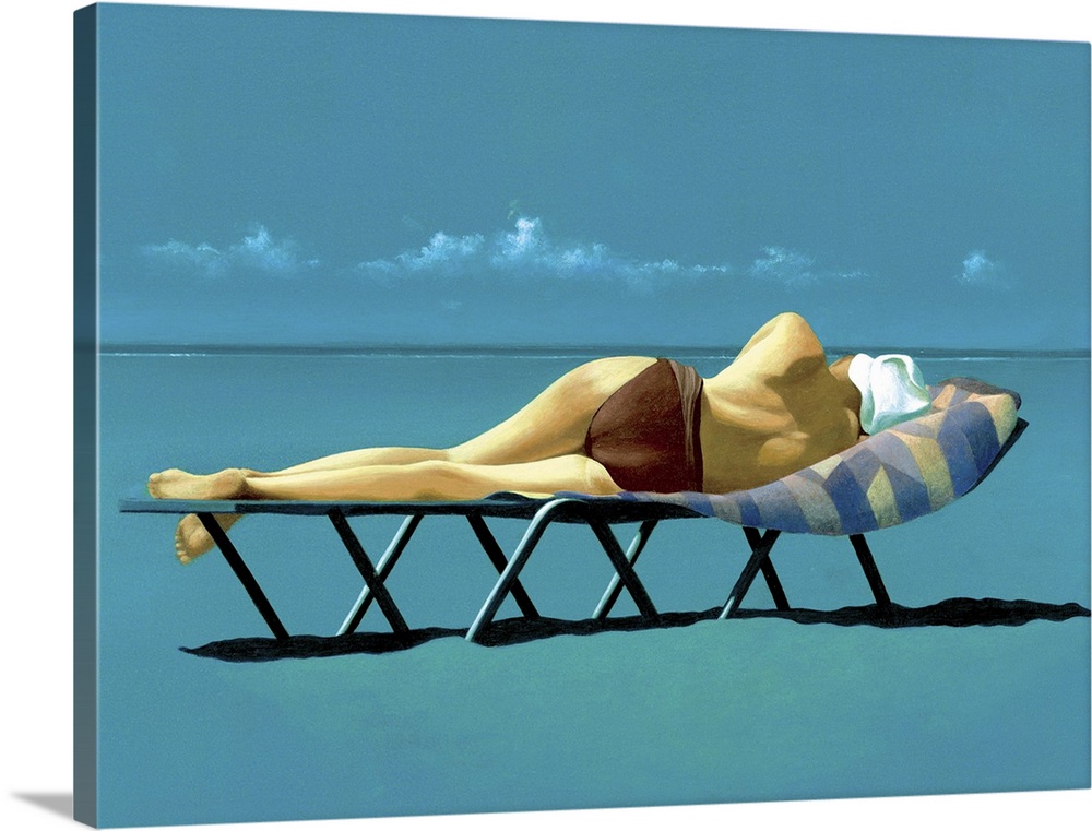 Contemporary oil painting of a woman sunbathing on a lounge chair by the water's edge.