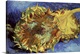 image thumbnail of This is an impressionistic painting created with thick and fluid brush strokes of two wilted sunflower heads contrasting w...