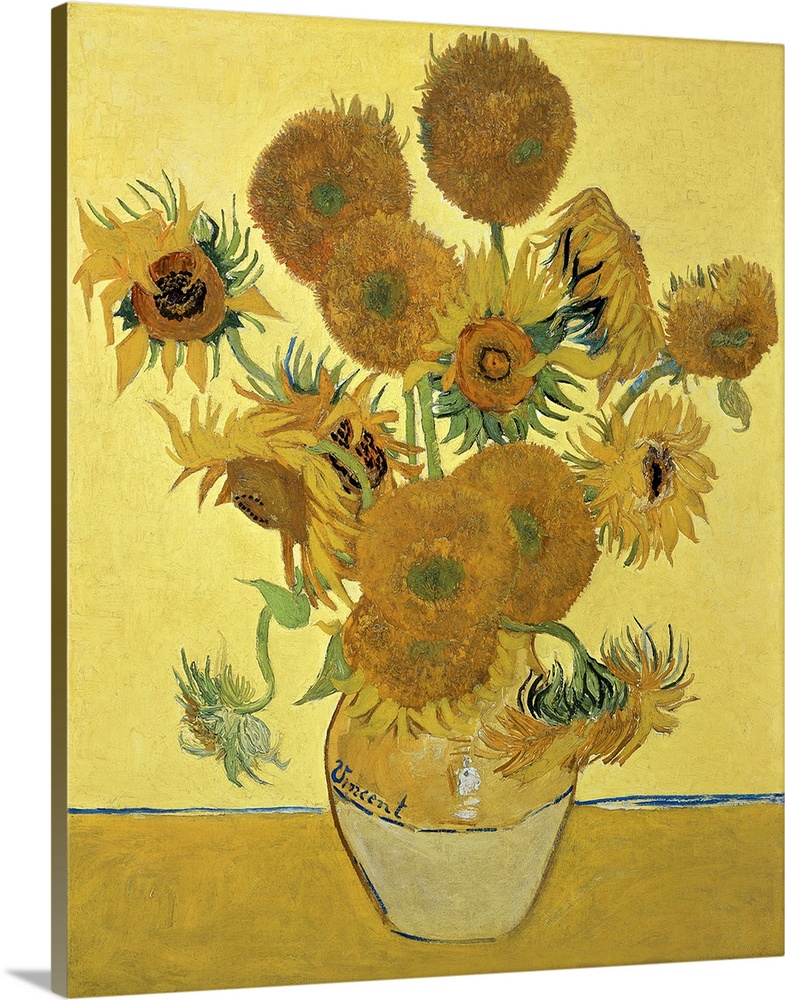 Vincent Van Gogh's famous oil on canvas painting of sunflowers in a vase in warm tones.