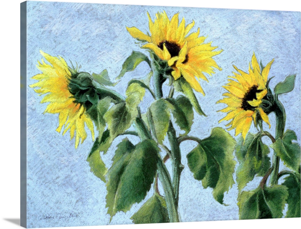 Contemporary painting of three large sunflowers.
