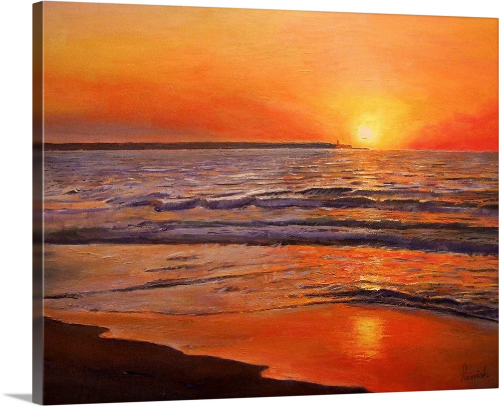 This wall art for the home or office is a contemporary painting of the sun sinking below the horizon as waves enfold the s...