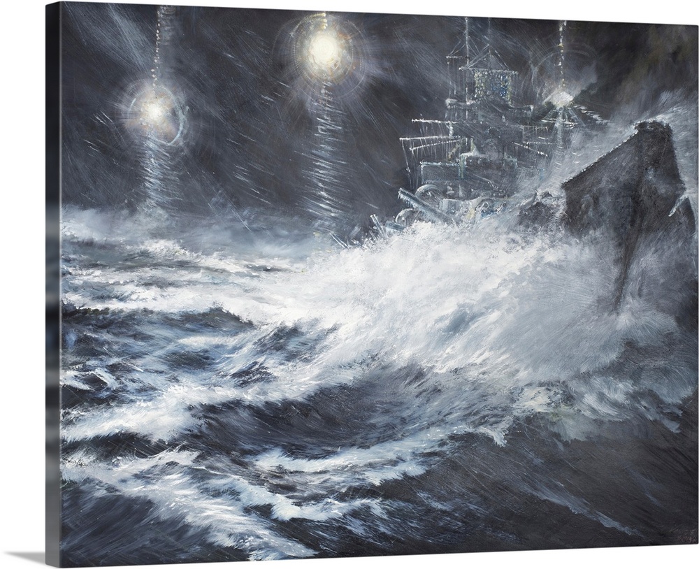 Contemporary painting of a ship riding the high seas during a rough storm.