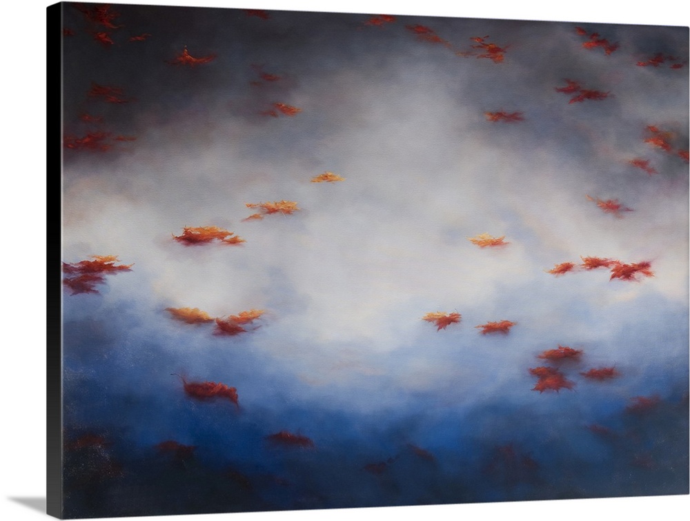 Red leaves floating on water with clouds reflected