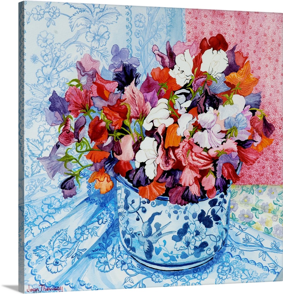Sweet Peas in a Blue and White Pot, 2010, originally watercolor on paper.