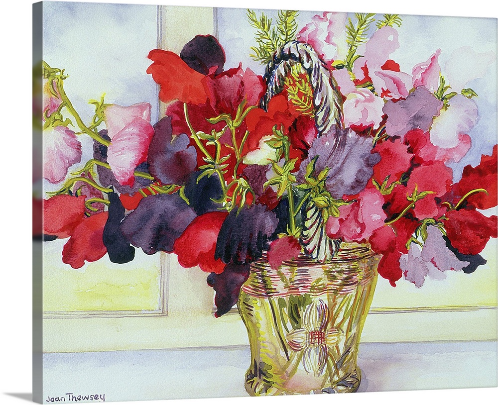 Painting of colorful flowers in a brass container sitting on a table.