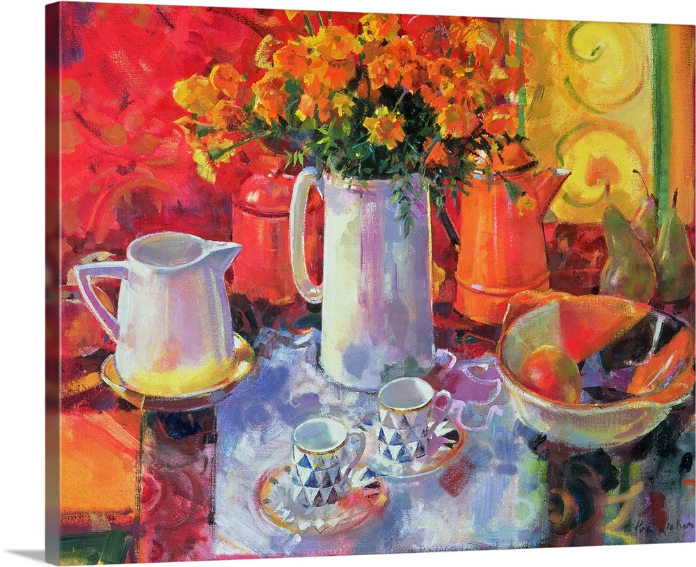 Contemporary still life painting of a table set for tea with two tea cups and pot of tea with a tall pitcher full of wild ...