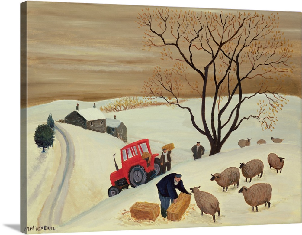 Contemporary painting of a farmer tending to his flock of sheep in the winter.