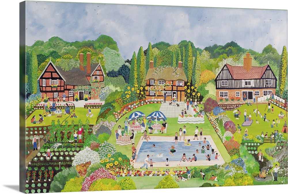 Contemporary painting of a neighborhood with gardens and lots of people.