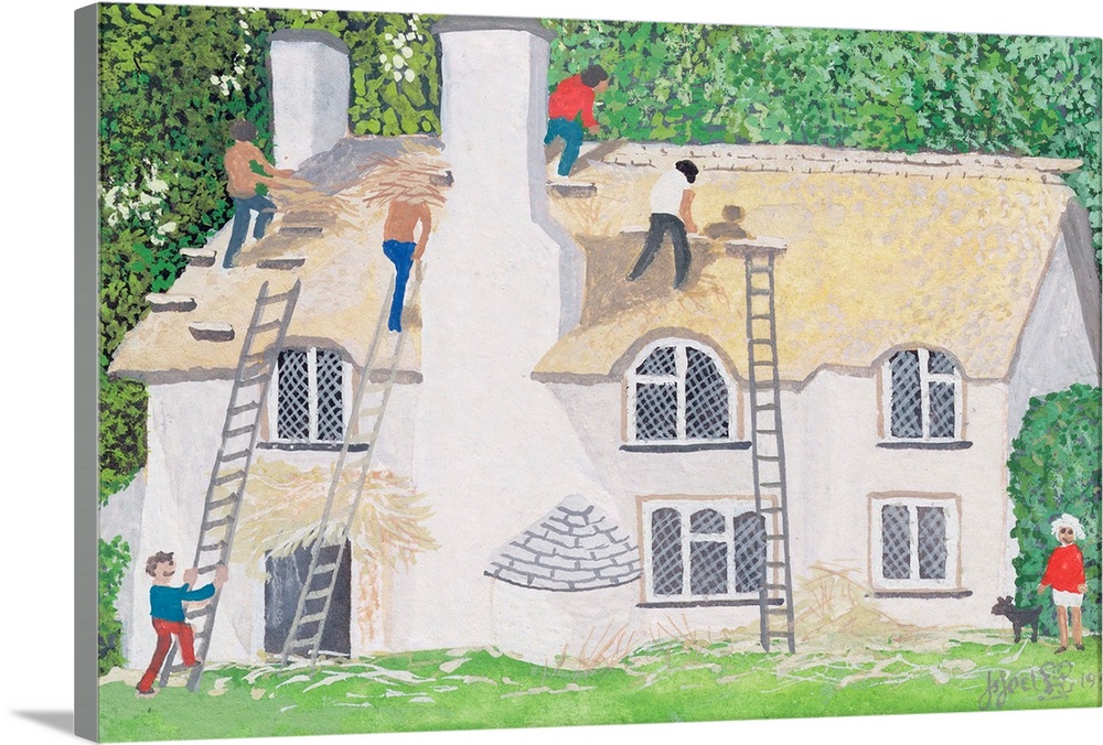 Contemporary painting of workers adding hat to the roof of a house.