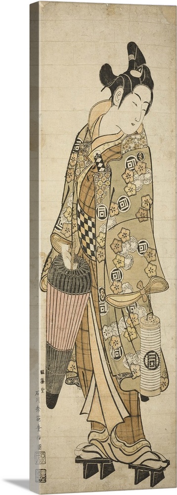 The Actor Sanogawa Ichimatsu I as a young man holding an umbrella and a lantern, c.1748, hand-coloured woodblock print.