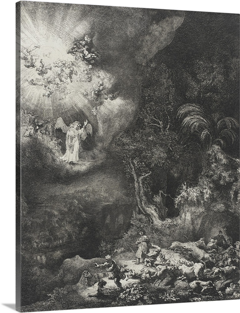 The Angel Appearing to the Shepherds, 1634, etching.  By Rembrandt van Rijn (1606-69).