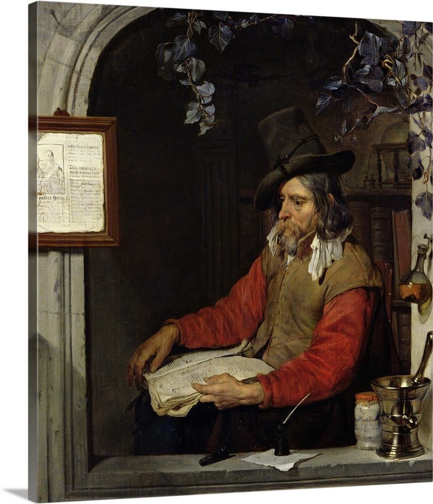 XIR34888 The Apothecary or, The Chemist (oil on panel)  by Metsu, Gabriel (1629-67); 27x23.5 cm; Louvre, Paris, France; Gi...