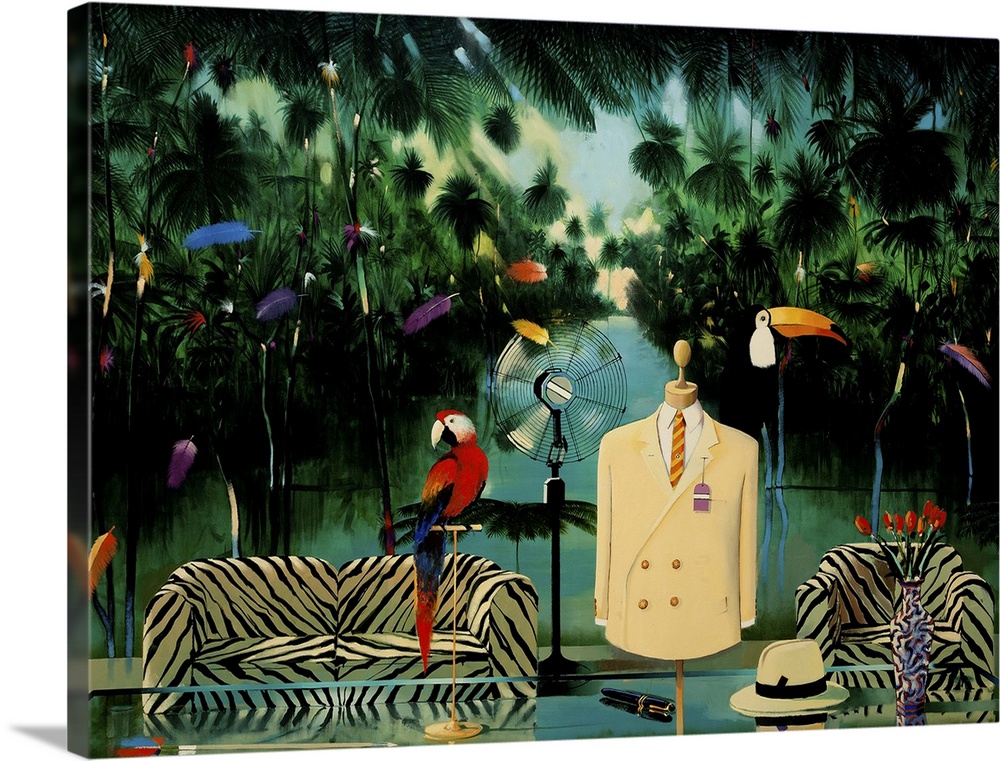 Contemporary painting of a living room setting in the jungle.
