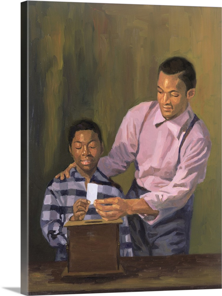 Contemporary painting of an African American man helping his son place a ballot in a ballot box.